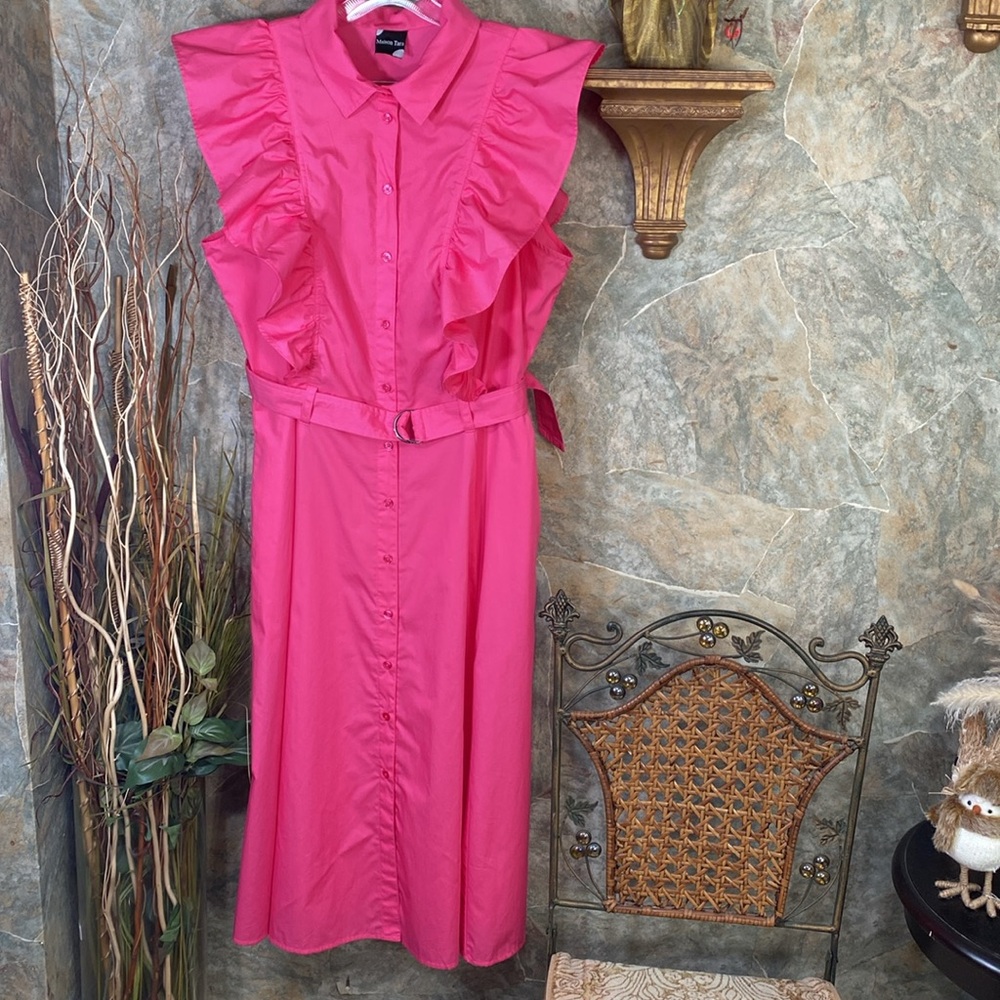 Maison Tara dress bubblegum pink ruffled button belted collar pockets long